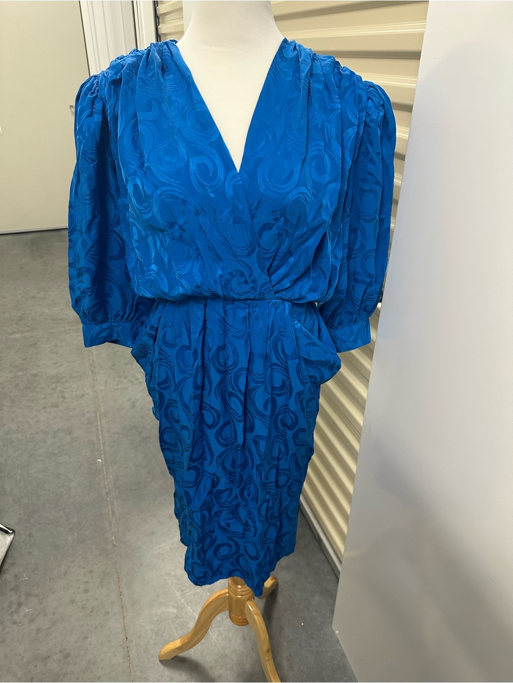 Bright Blue V-Neck Midi Dress with Gathered Detail